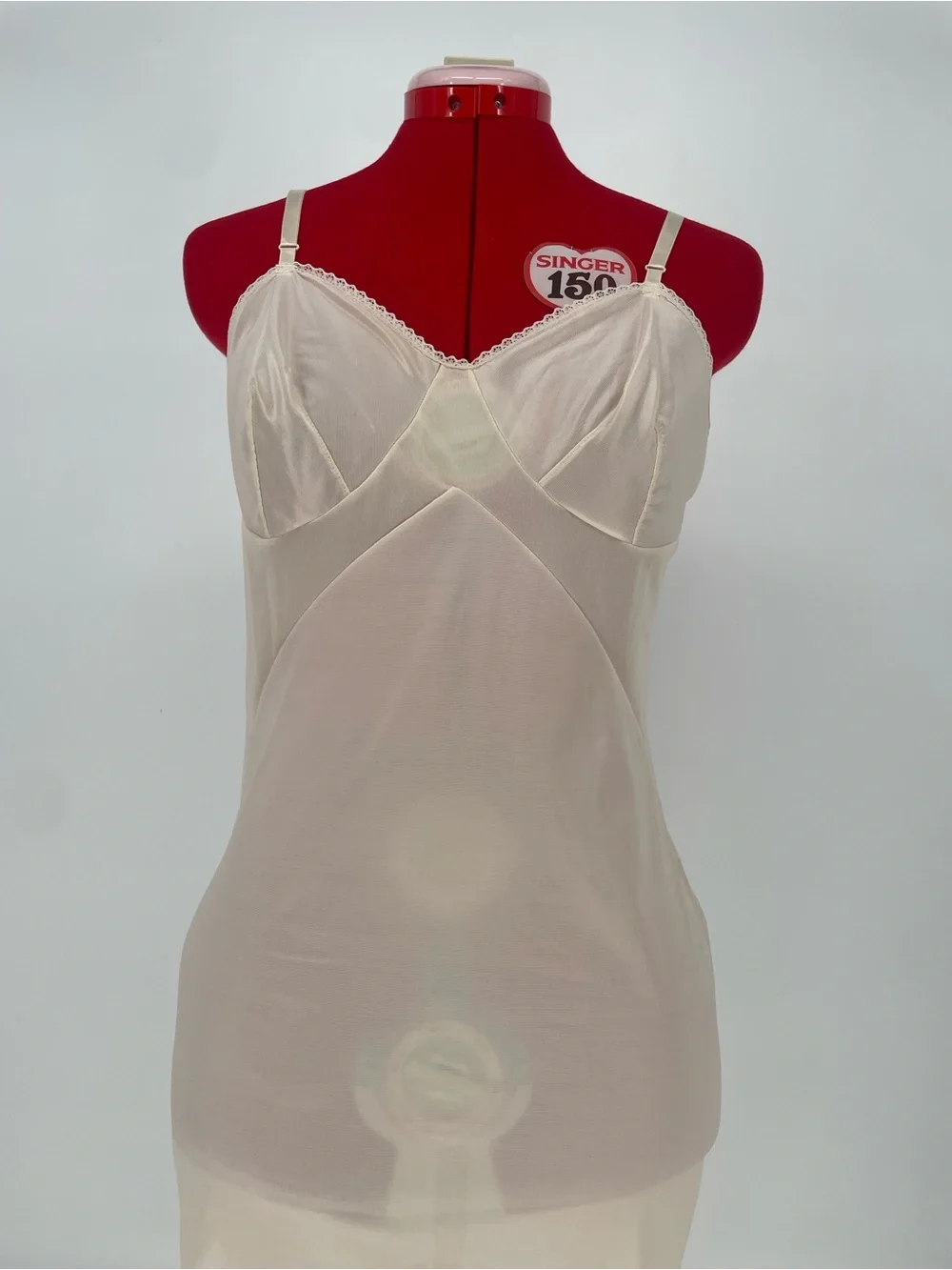 Vintage Cream Nude 100% Nylon Midi Length Full Slip Dress W/ Waist Panels - Picture 6 of 12